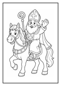 Kleurplaat van een blij uitziende heilige man met mijter en staf die zwaait terwijl hij op een vriendelijk paard rijdt langs vlaggetjes van het Sinterklaasfeest.