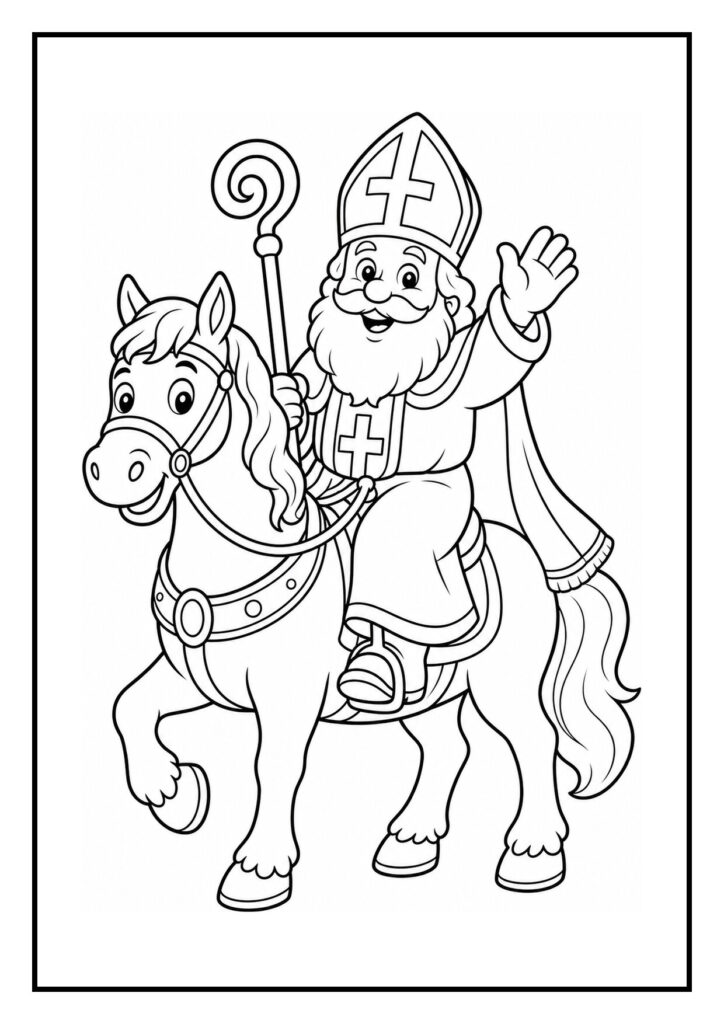 Kleurplaat van een blij uitziende heilige man met mijter en staf die zwaait terwijl hij op een vriendelijk paard rijdt langs vlaggetjes van het Sinterklaasfeest.