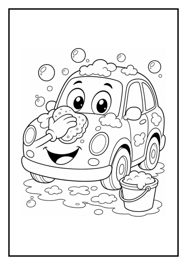 Kleurplaat van een schattig autootje dat wordt gewassen met schuim en een spons