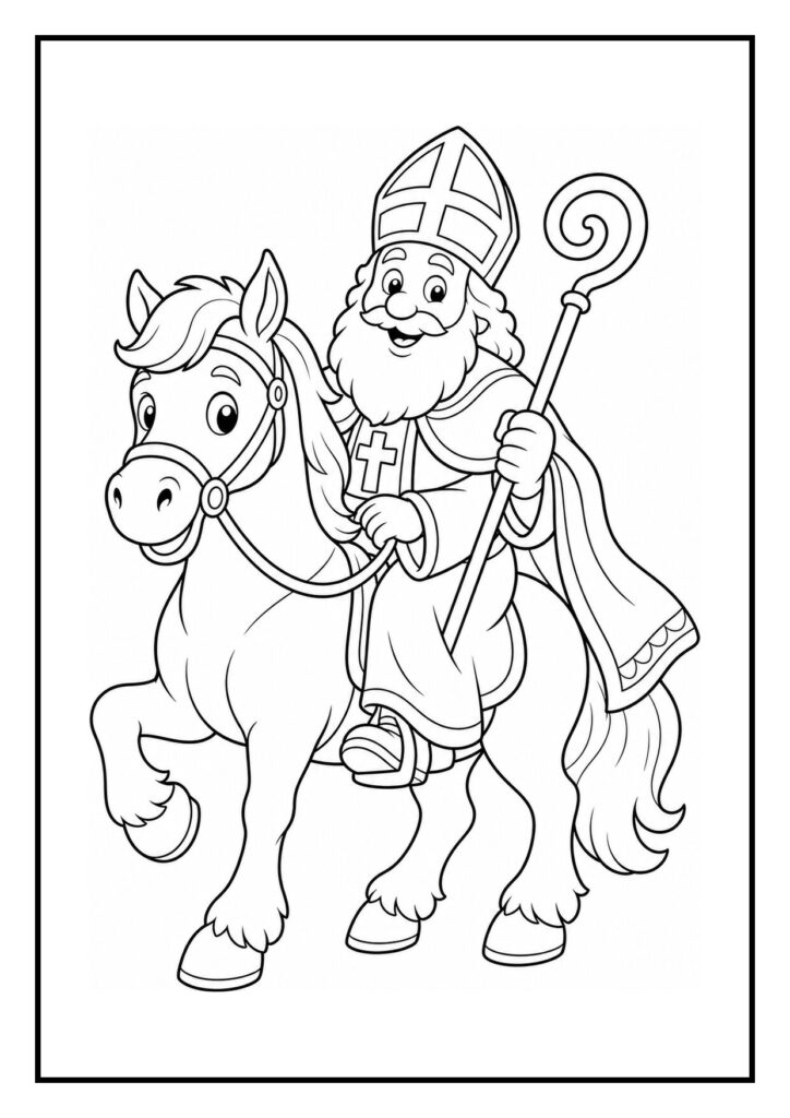 Kleurplaat van vrolijke Sinterklaas die op een paard rijdt met staf in de hand, voorzichtig lopend door de stal.