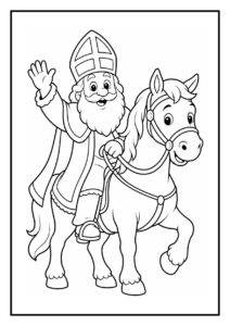 Kleurplaat van Sint Nicolaas die vrolijk zwaait terwijl hij op een blij paard rijdt bij een feestelijk huis