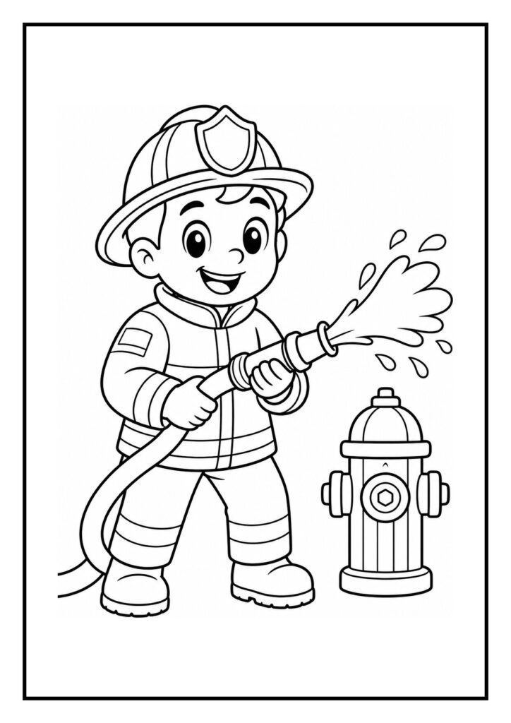 Kleurplaat van een vrolijke brandweerman met een brandslang die vlammen spuit bij een brandkraan