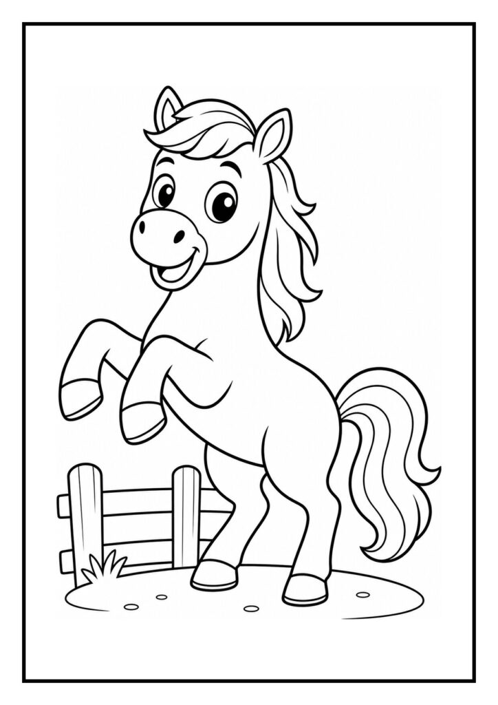 Leuke kleurplaat van een vrolijk paard dat op de achterpoten staat bij een klein houten hek.