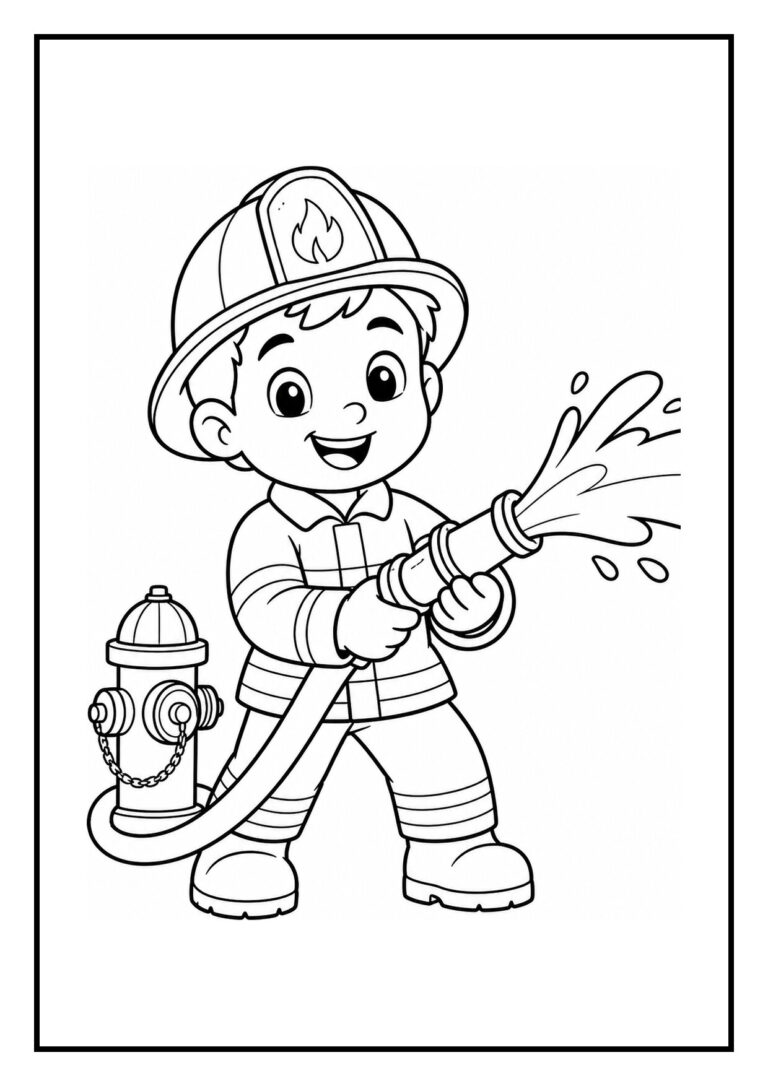 Kleurenplaat van een jonge brandweerman die lachend water met een brandslang spuit naast een brandkraan