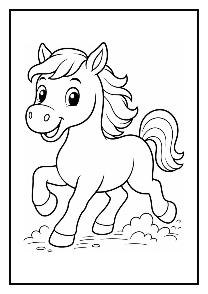 Vrolijke pony met opgeheven poten die van een appel eet op de kleurplaat