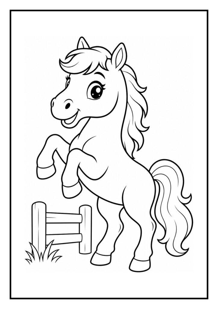 Kleurplaat van een schattig paard met vrolijke uitstraling, dat water drinkt uit een emmer naast een omheining.