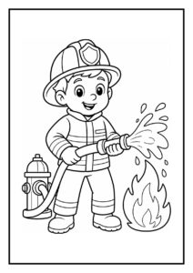 Kleurplaat van een vrolijke brandweerman die met een brandslang water op een vuur spuit