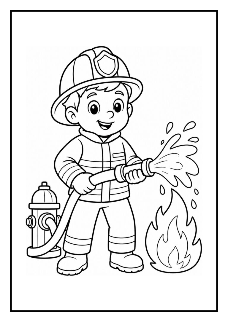 Kleurplaat van een vrolijke brandweerman die met een brandslang water op een vuur spuit