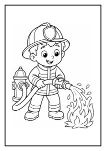Kleurplaat van een kleine brandweerman die met een brandslang water spuit op een brandje