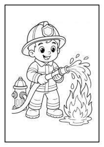 Kleurplaat van een vrolijke brandweerman die water spuit met een brandslang op een vuurstraal