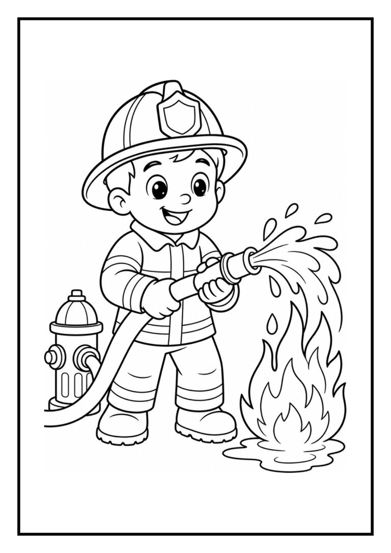 Kleurplaat van een vrolijke brandweerman die water spuit met een brandslang op een vuurstraal