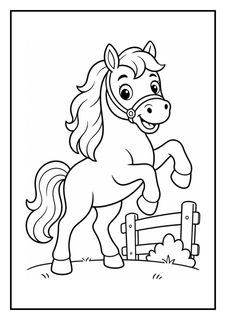 Leuke kleurplaat van een vrolijk paard dat op twee poten staat bij een lage hindernis en een hek kijkt