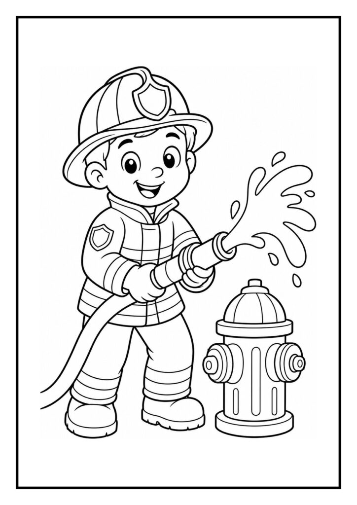 Vrolijke tekening van een jonge brandweerman die water spuit uit een brandslang bij een brandkraan