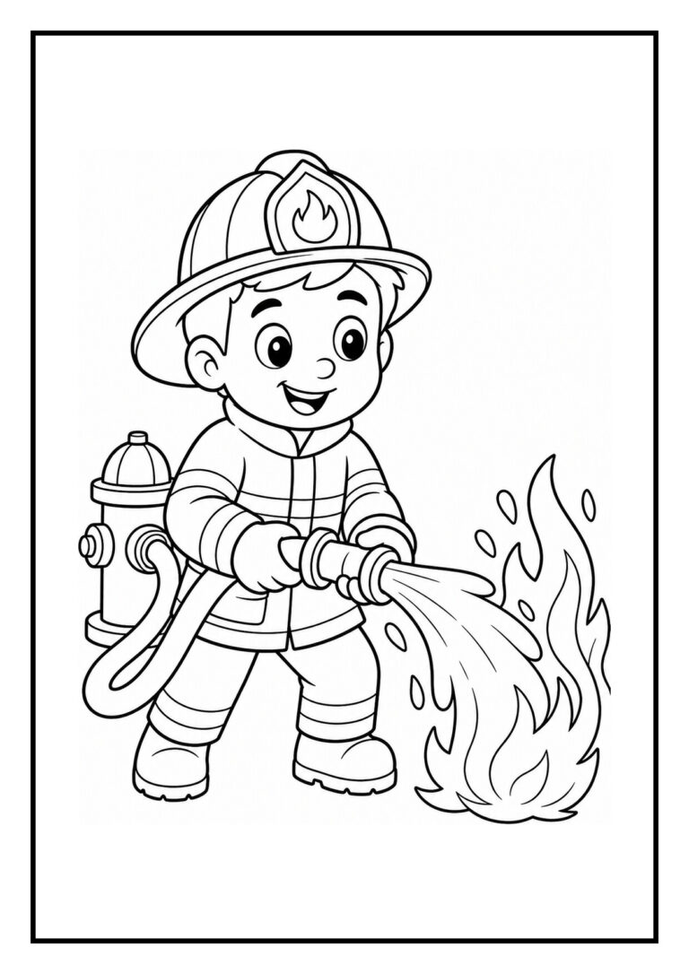 Leuke kleurplaat van een jongetje verkleed als brandweerman die een touw aantrekt met vrolijke uitstraling