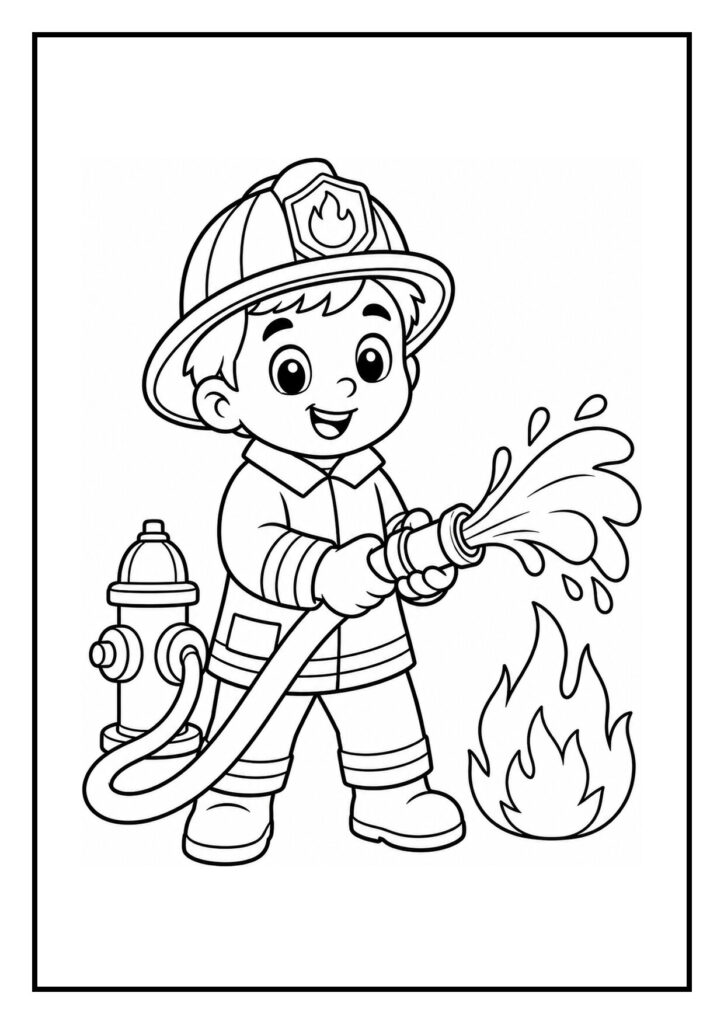 Leuke kleurplaat van een jonge brandweerman die water spuit met een brandslang om een brand te blussen