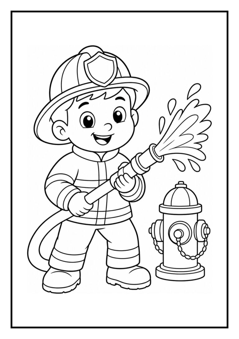 Kleurplaat van een jonge brandweerman die met een brandslang water spuit bij een brandkraan