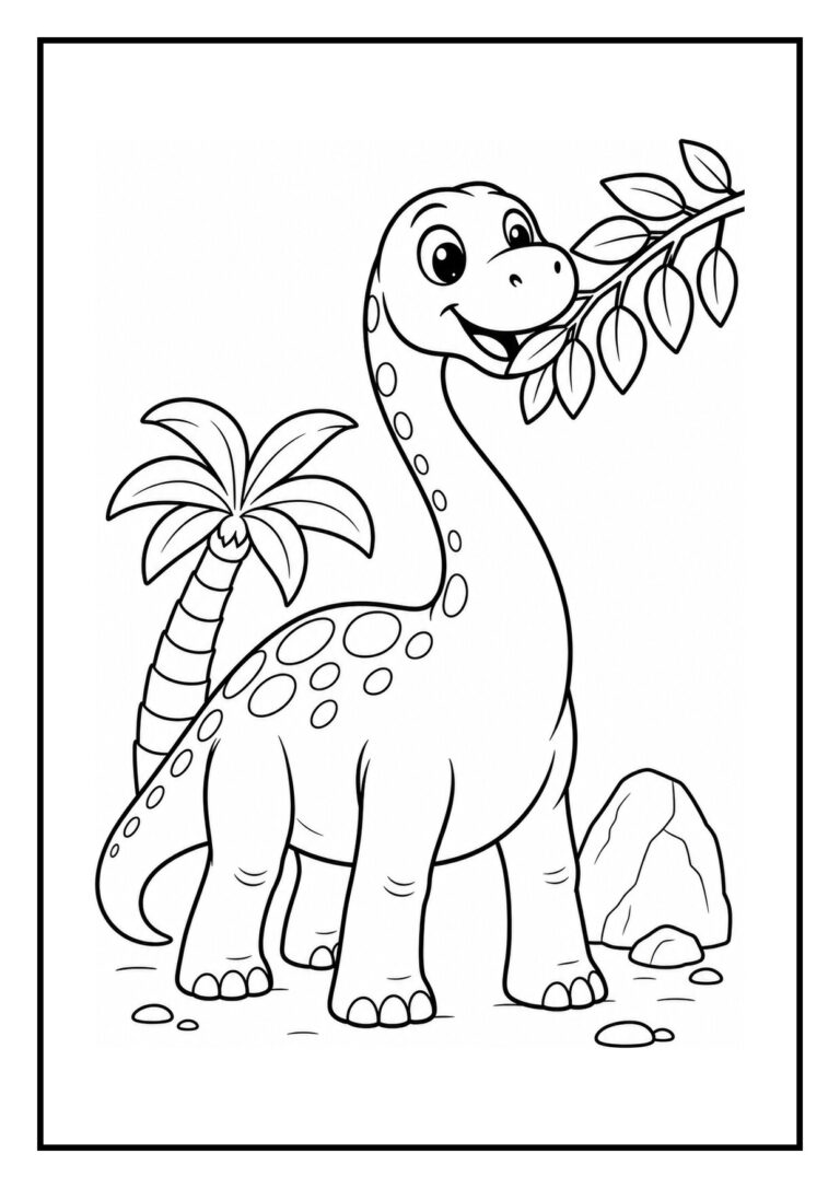 Vrolijke diplodocus kleurplaat van een dinosaurus die blaadjes eet in een jungle omgeving