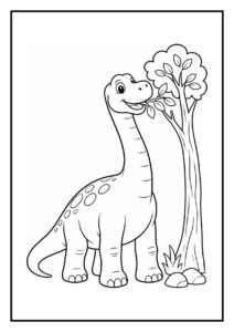 Kleurplaat van een brachiosaurus die een grote tak uit een boom plukt in een bosrijke omgeving