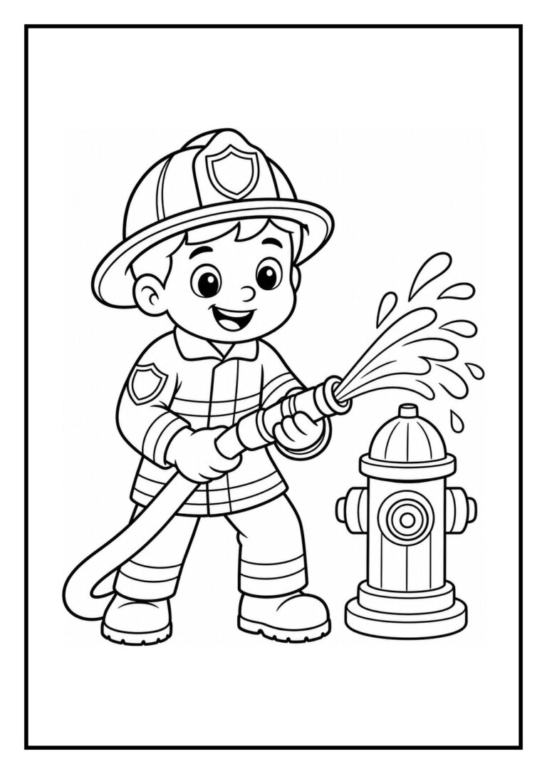 Kleurplaat van een vrolijke brandweerman kind dat met een brandslang water spuit bij een brandkraan