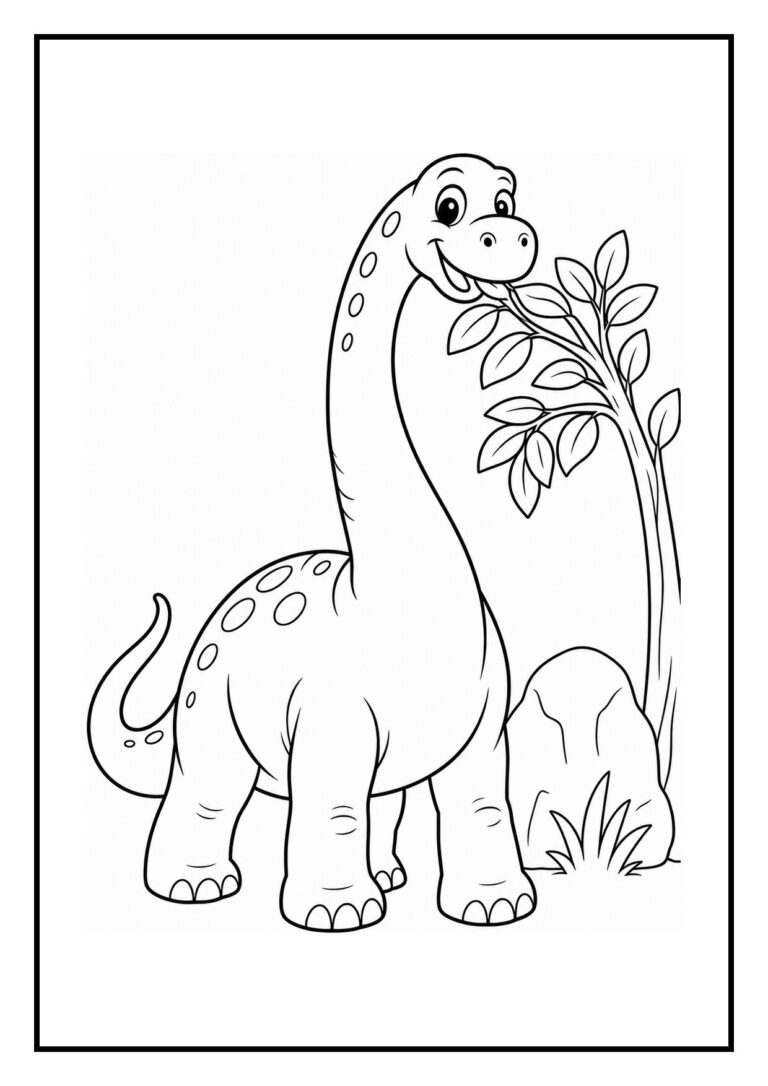 Leuke kleurplaat van een vrolijke diplodocus die blaadjes eet naast een boom en een steen in het bos