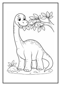 Vrolijke diplodocus kleurplaat met een dinosaurus die verborgen bladeren ontdekt in het bos.