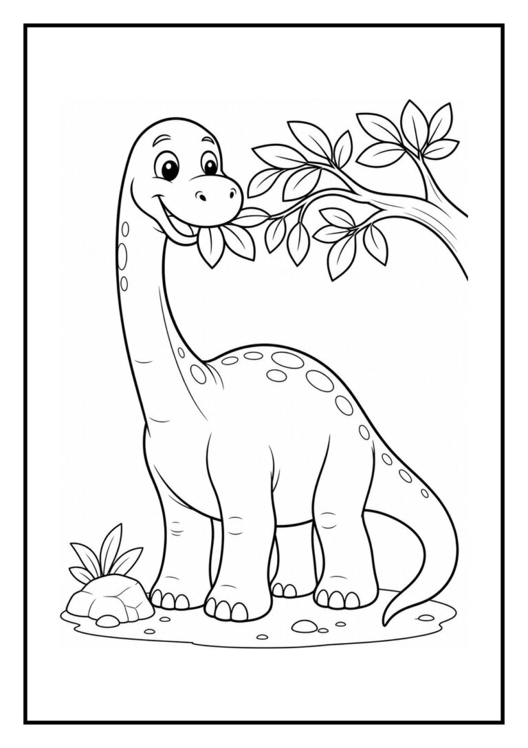 Vrolijke diplodocus kleurplaat met een dinosaurus die verborgen bladeren ontdekt in het bos.