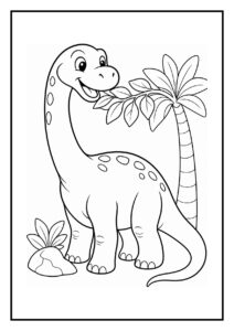 Kleurplaat van een vrolijke Brachiosaurus die een baby dinosaurus helpt de hoogste blaadjes in de jungle te bereiken met palmbomen op de achtergrond