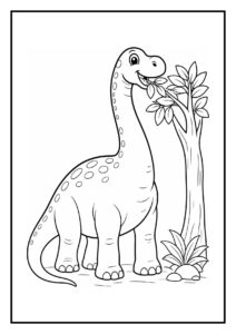 Leuke kleurplaat van een vrolijke diplodocus die blaadjes eet van een boom in een bos