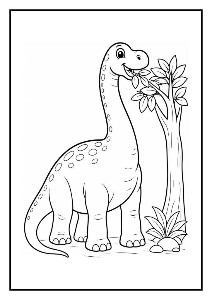 Leuke kleurplaat van een vrolijke diplodocus die blaadjes eet van een boom in een bos