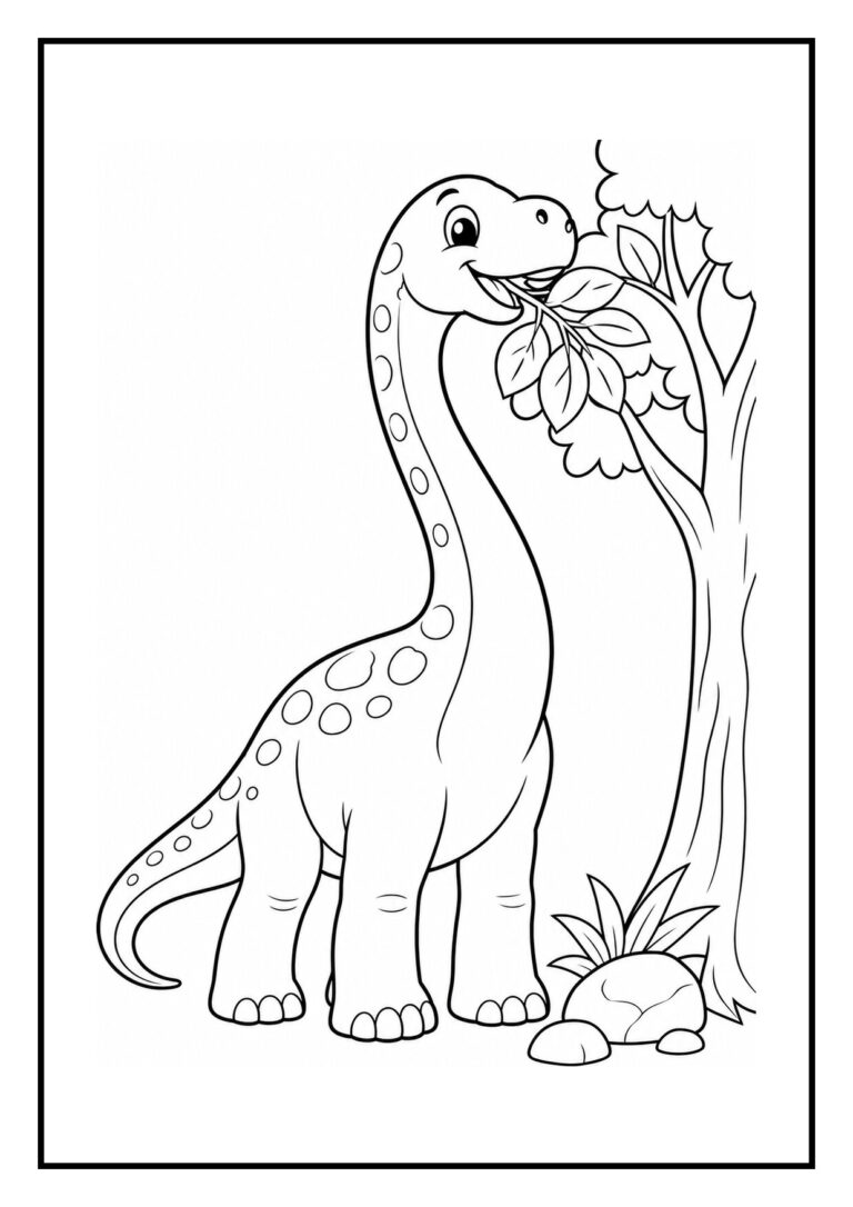 Kleurplaat van een schattige Brachiosaurus die over een heuvel kijkt naar boomtoppen in een bos.