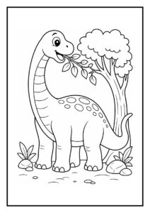 Leuke kleurplaat van een vrolijke diplodocus die blaadjes eet in een bos