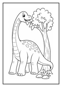 Brachiosaurus die met zijn lange nek naar bladeren in de boomtop reikt op een kleurplaat voor kinderen