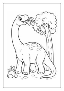 Vrolijke diplodocus die zijn kop door een groen bladerdak steekt in een bosrijke omgeving, kleurplaat voor kinderen