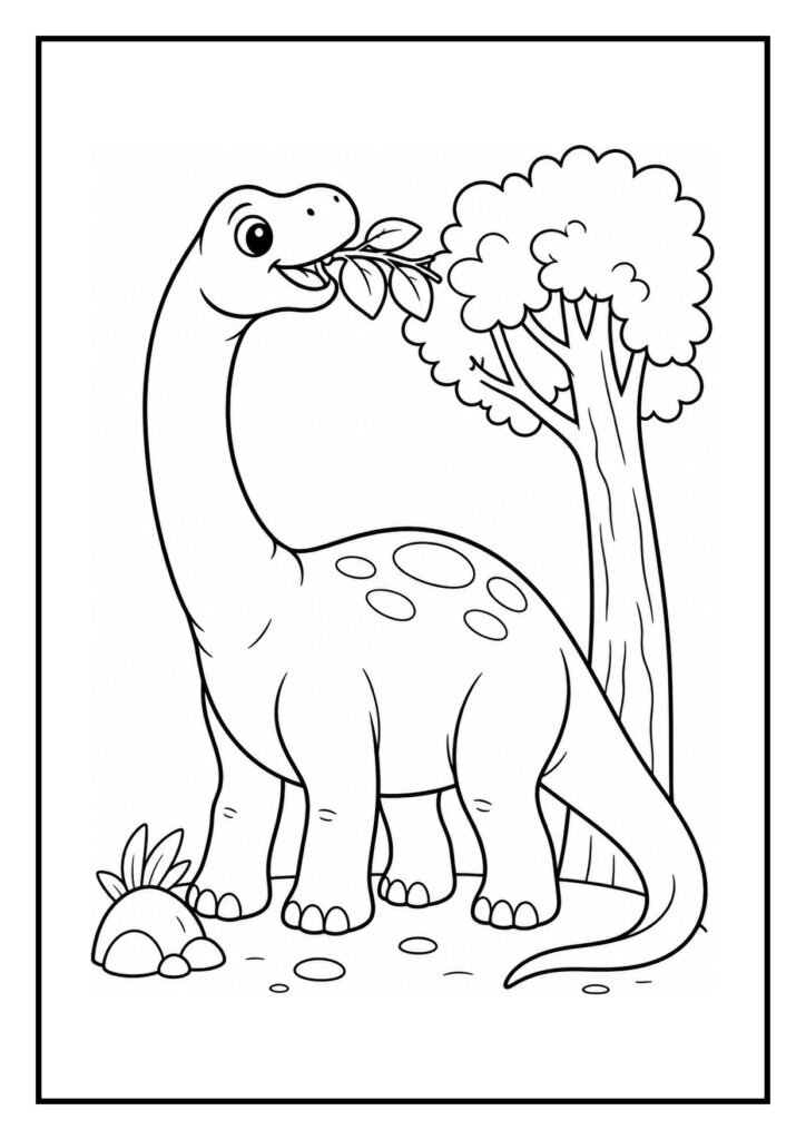 Vrolijke diplodocus die zijn kop door een groen bladerdak steekt in een bosrijke omgeving, kleurplaat voor kinderen