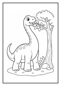 Een vrolijke Brachiosaurus die met zijn neus vallende bladeren vangt in het bos.
