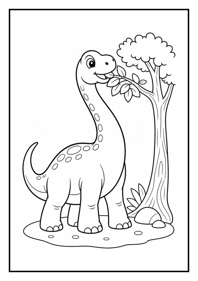 Een vrolijke Brachiosaurus die met zijn neus vallende bladeren vangt in het bos.
