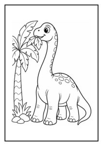 Kleurplaat van een vrolijke diplodocus die een lange nekstretch doet bij een boom in de jungle