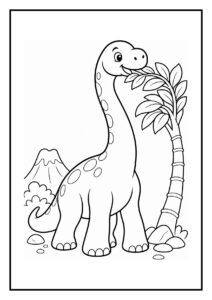 Schattige kleurplaat van een vrolijke diplodocus die blaadjes eet met een vulkaan en bomen op de achtergrond