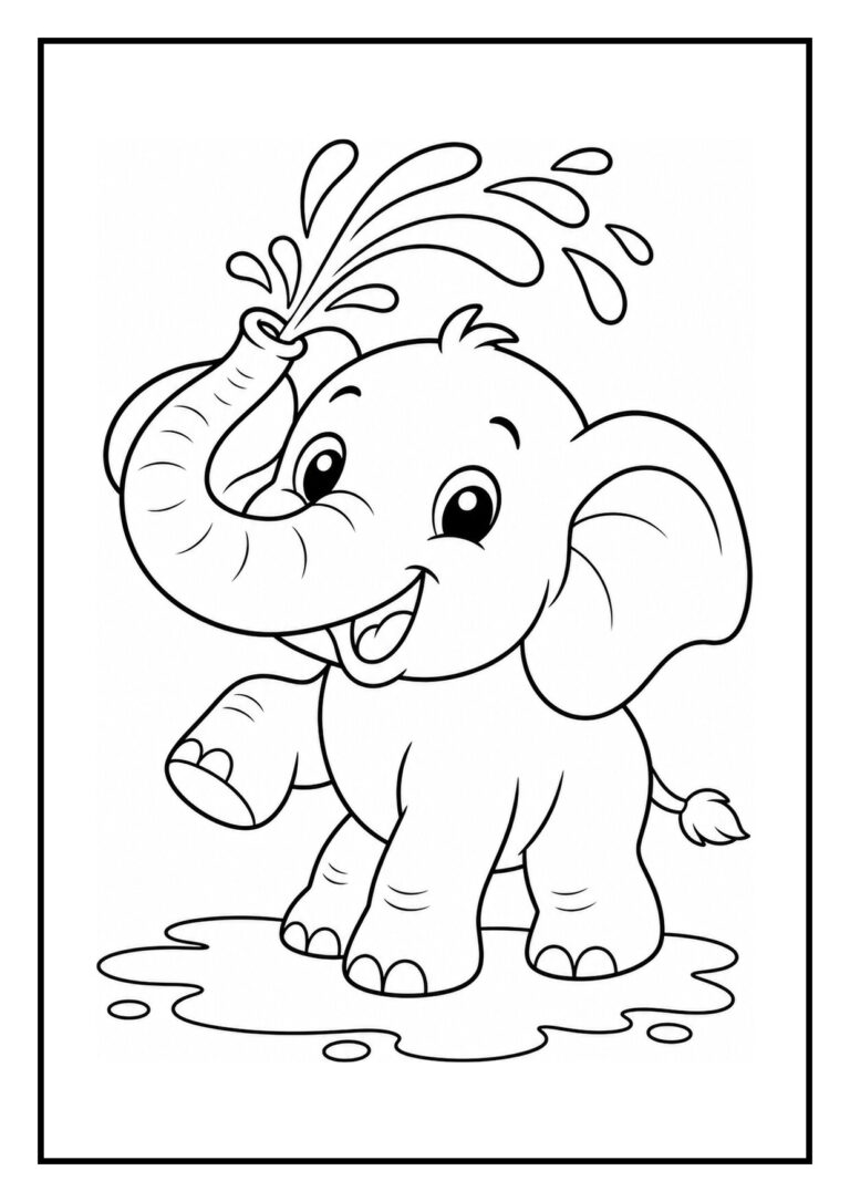 Leuke kleurplaat van een vrolijke, schattige olifant die water spuit met zijn slurf in een jungle thema