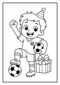 Vrolijk jongetje met een voetbal, feestmuts en cadeau op een feestelijke kleurplaat