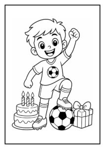 Kleurplaat van een vrolijk jongetje met een voetbal, een verjaardagstaart met kaarsjes en een cadeau op het middenveld