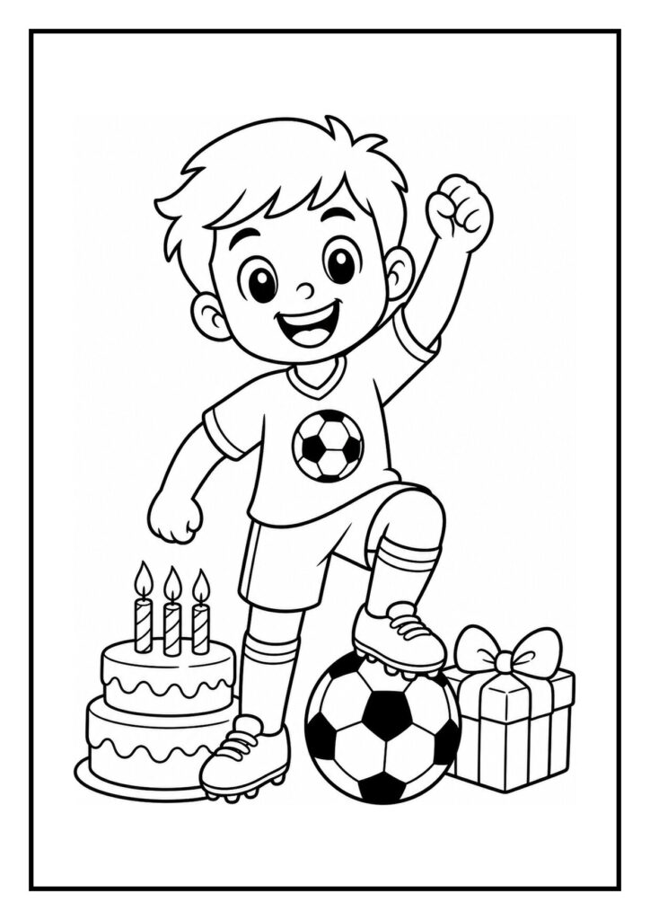 Kleurplaat van een vrolijk jongetje met een voetbal, een verjaardagstaart met kaarsjes en een cadeau op het middenveld