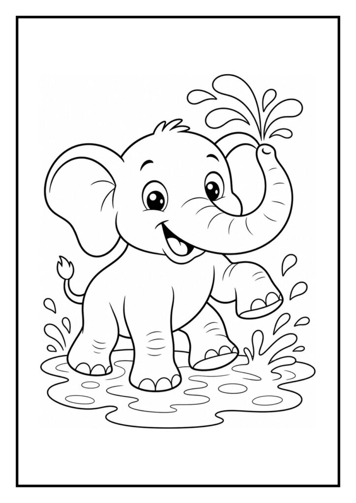Kleurplaat van een vrolijke schattige olifant die met zijn slurf water spuit en een vriendje over een plas helpt