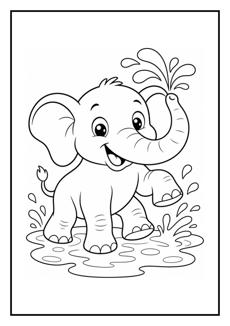 Kleurplaat van een vrolijke schattige olifant die met zijn slurf water spuit en een vriendje over een plas helpt