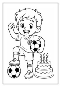Kleurplaat van een jongetje dat een voetbal vasthoudt en naast een verjaardagstaart met kaarsen staat.