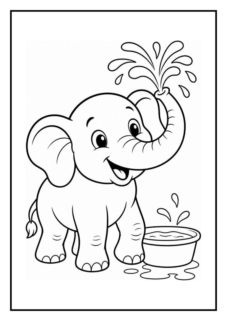 Kleurplaat van een vrolijke baby olifant die onder een regenbui danst en water uit zijn slurf spuit