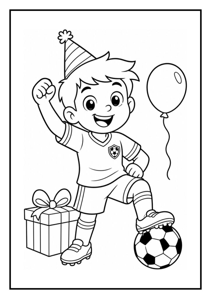 Kleurplaat van een jongetje met voetbal, verjaardagsmuts, cadeau en ballon op het voetbalveld