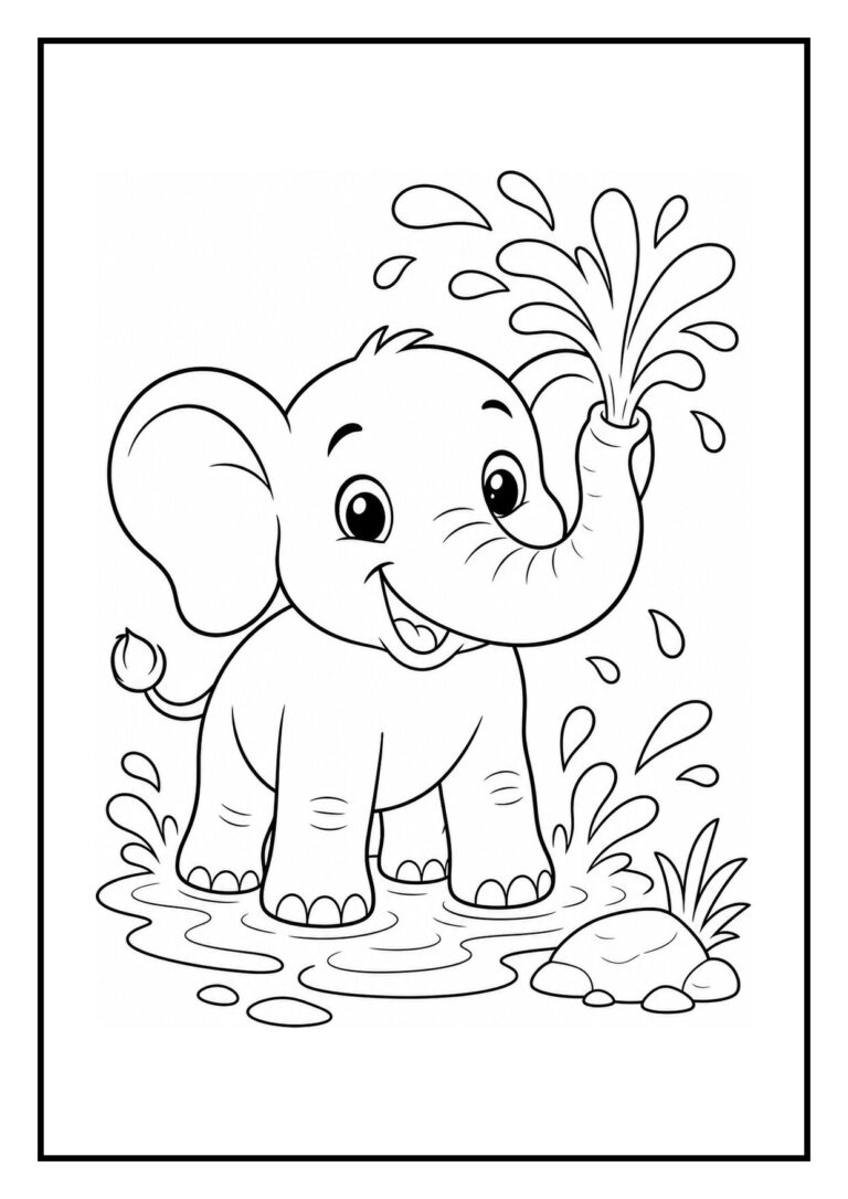 Leuke kleurplaat van een vrolijke baby olifant die een ballon laat ontsnappen in een jungle