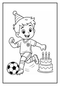 Leuke kleurplaat van een vrolijk jongetje met een voetbal en een verjaardagstaart met kaarsjes.