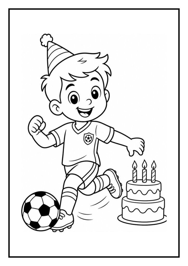 Leuke kleurplaat van een vrolijk jongetje met een voetbal en een verjaardagstaart met kaarsjes.